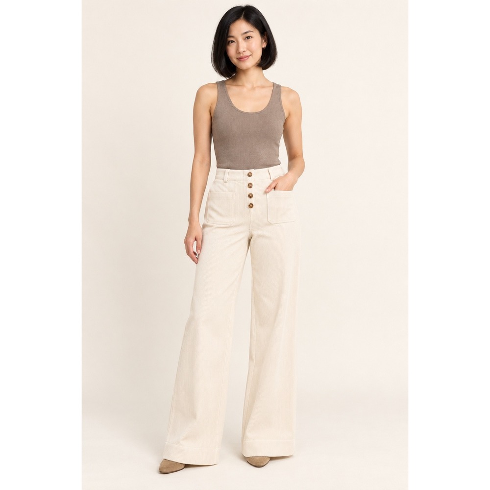 Joie Cream Wide Leg Corduroy Pants High Rise Button Fly Size 8 Off White boho